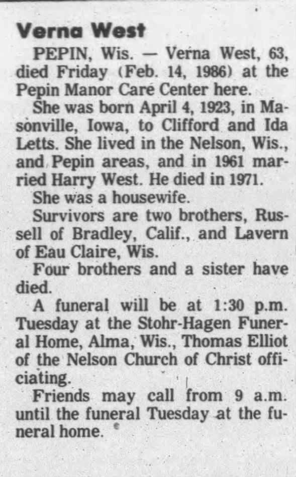 Obituary for Verna West, 1923-1986 (Aged 63)